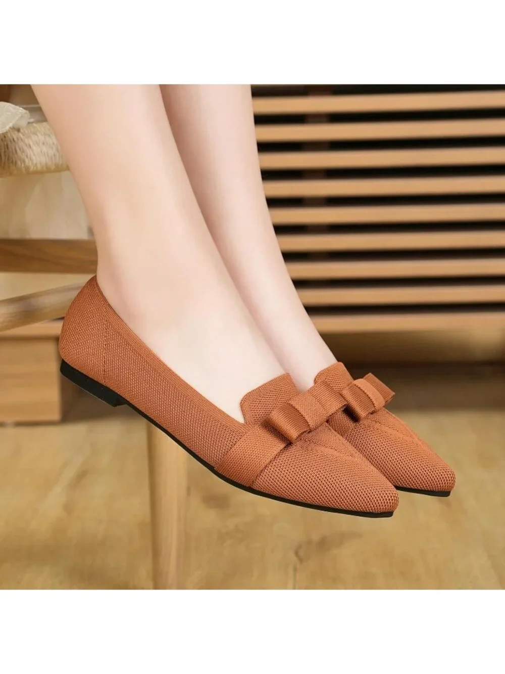 Women's Brown Mesh Comfortable Ballerina Slip On Pointed Toe Ballet Flat Shoes